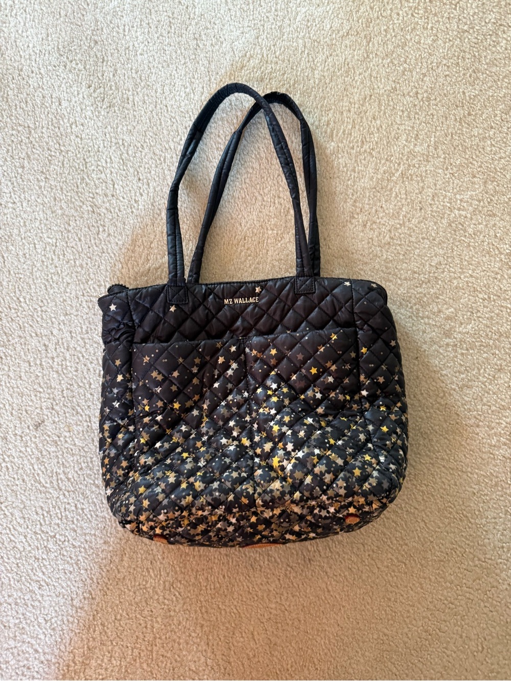MZ Wallace Black Quilted Tote with Gold & Silver Star Print